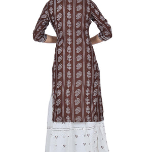 Brown Printed Cotton Kurta and Skirt Set