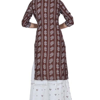 Brown Printed Cotton Kurta and Skirt Set