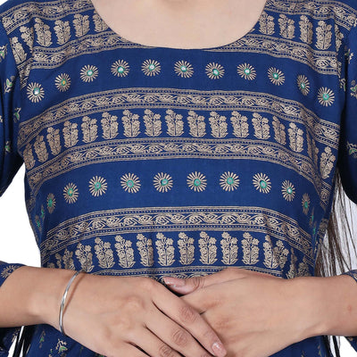 Blue Printed Cotton Flared Kurta