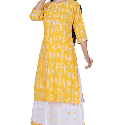 Yellow Printed Cotton Kurta and Skirt Set