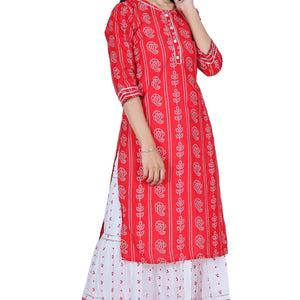 Red Printed Cotton Kurta and Skirt Set