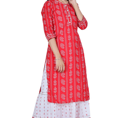 Red Printed Cotton Kurta and Skirt Set