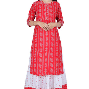 Red Printed Cotton Kurta and Skirt Set