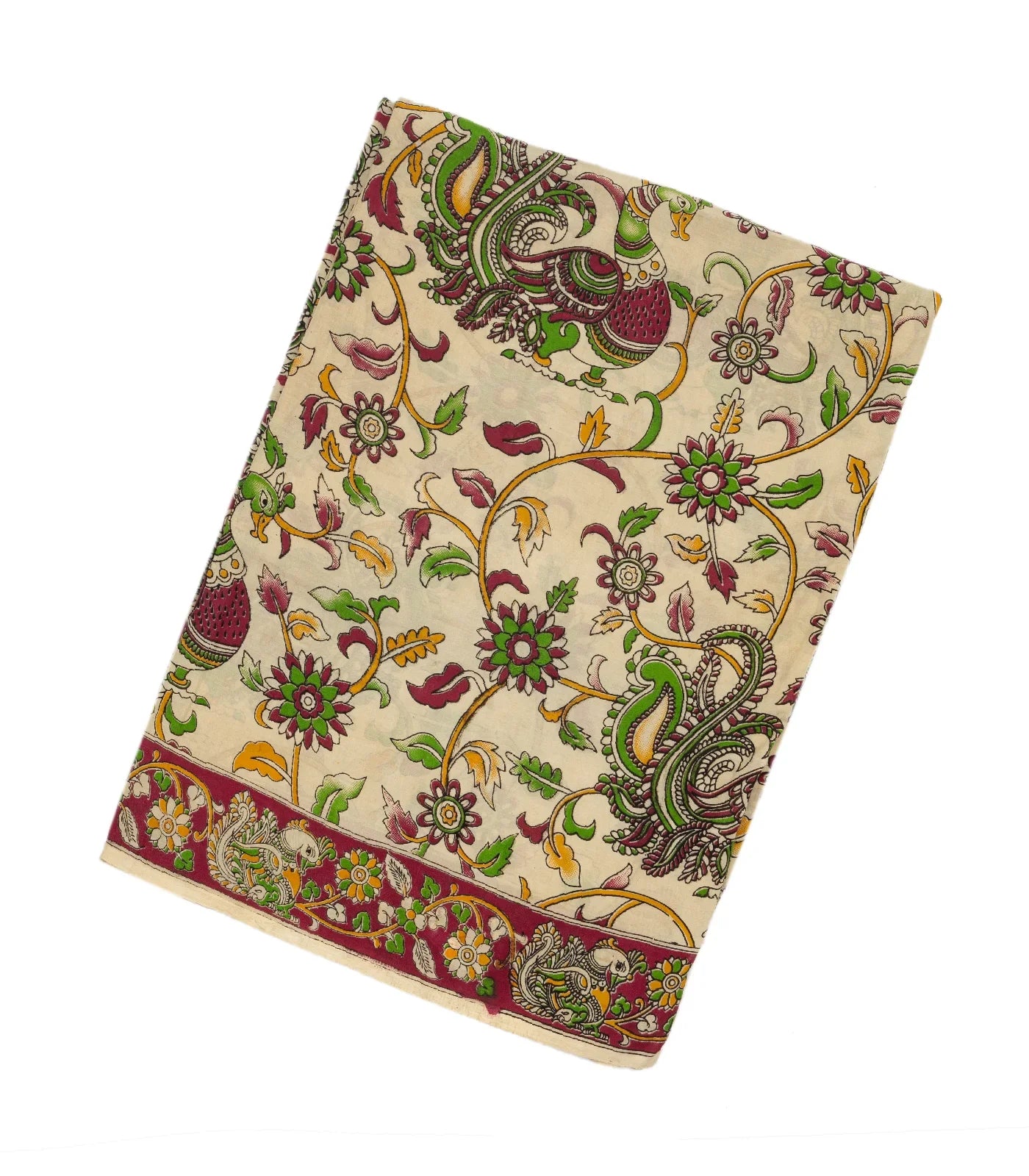 Cream Handloom Kalamkari Cotton Saree With Printed Annam Motifs