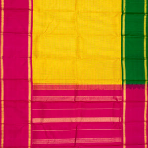 Yellow Handloom Kanchipuram Korvai Silk Saree With Checks & Ganga Jamuna Border