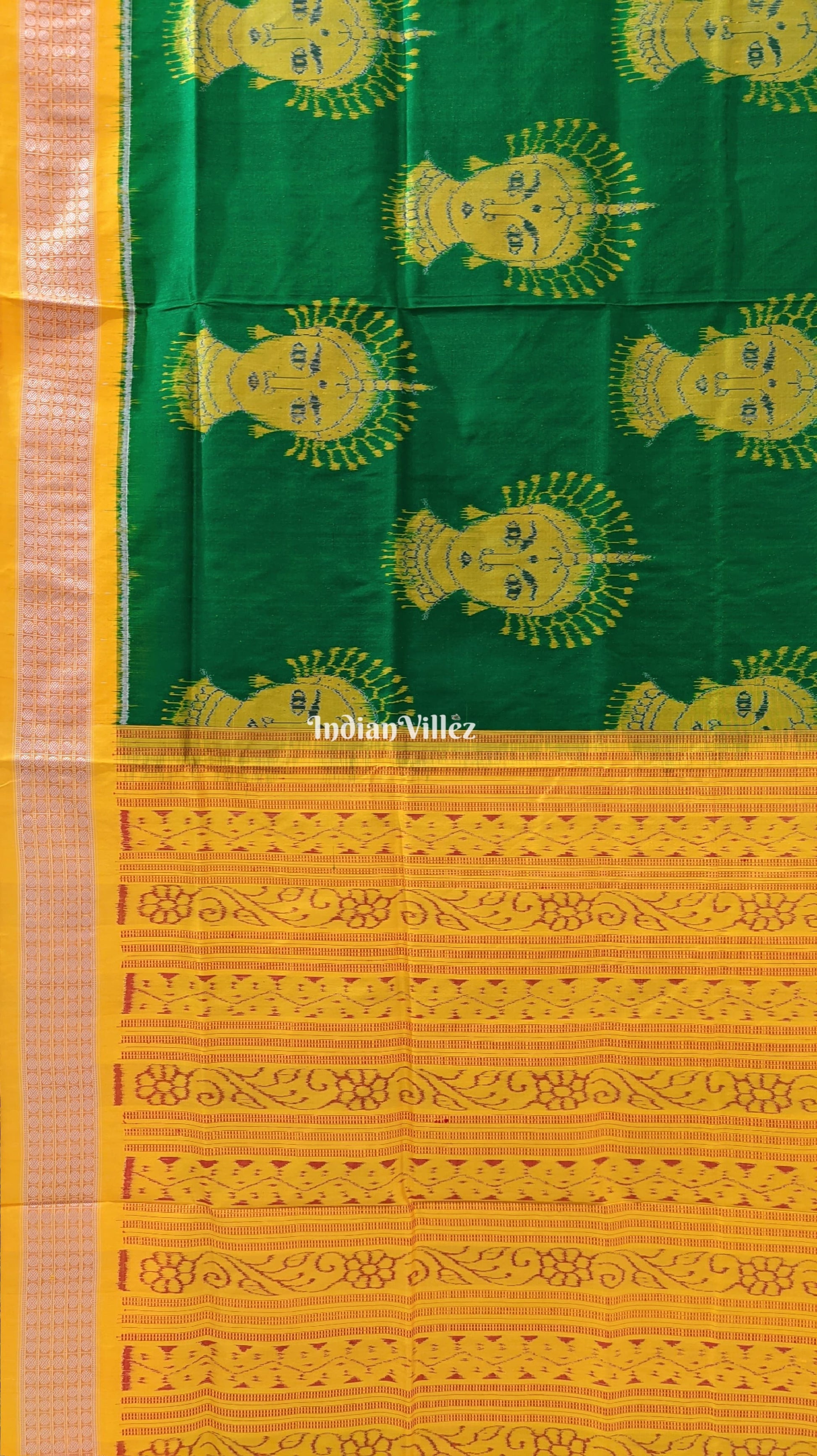 Green Yellow Nartaki Face Head Sambalpuri Ikat Silk Saree