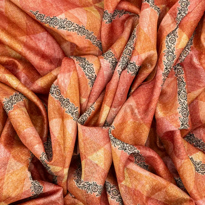 Dark Peach Handloom Tussar Silk Saree Printed With Geometric & Floral Motifs