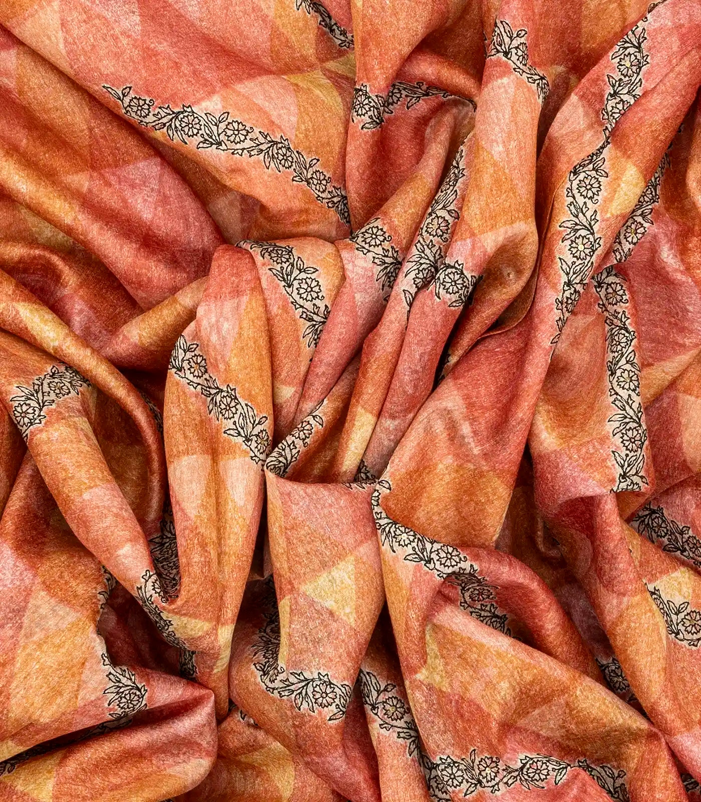 Dark Peach Handloom Tussar Silk Saree Printed With Geometric & Floral Motifs