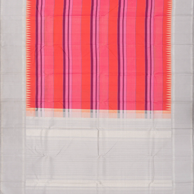 Peach & Pink Handloom Kanchipuram Korvai Silk Saree With Stripes