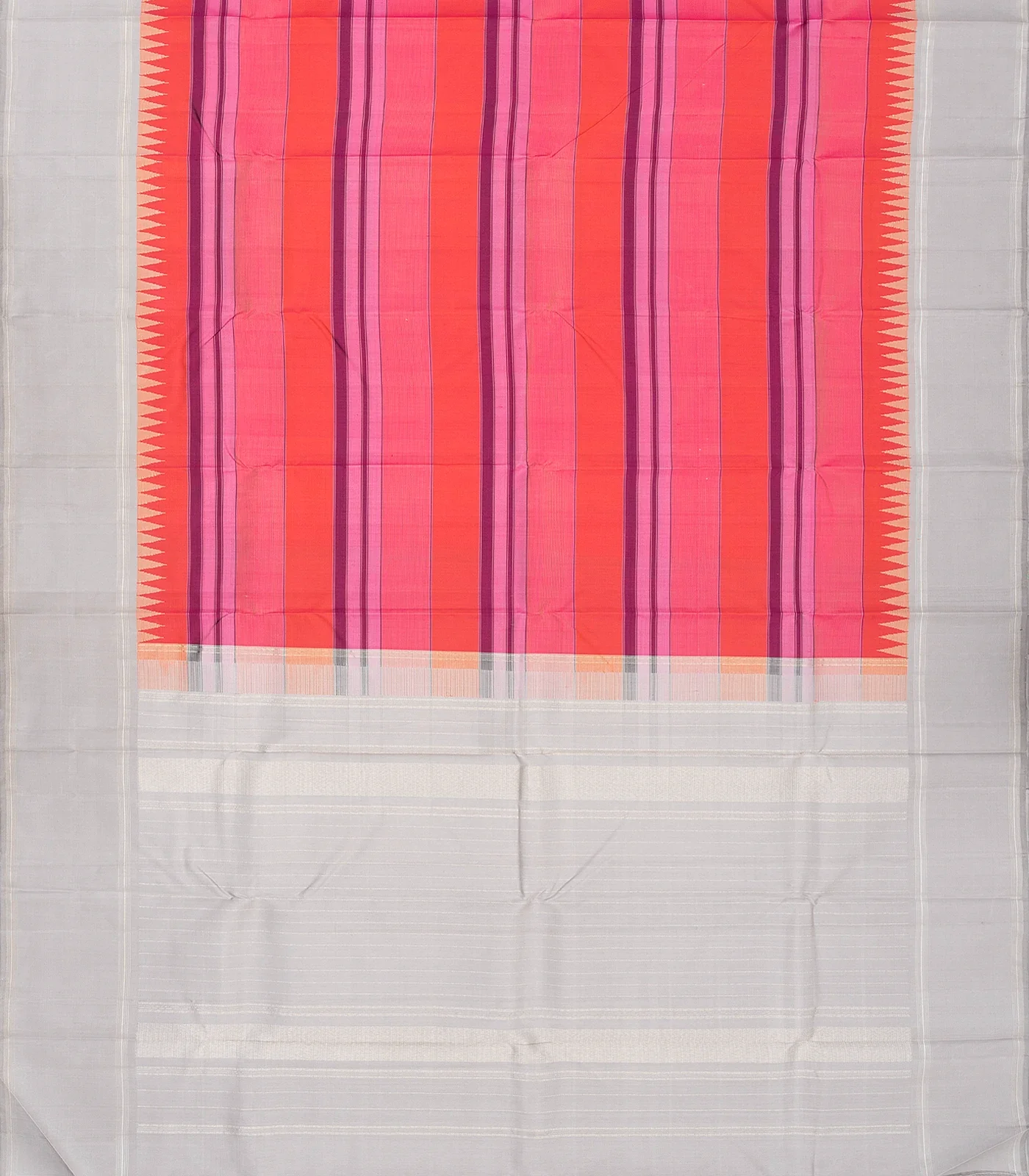 Peach & Pink Handloom Kanchipuram Korvai Silk Saree With Stripes