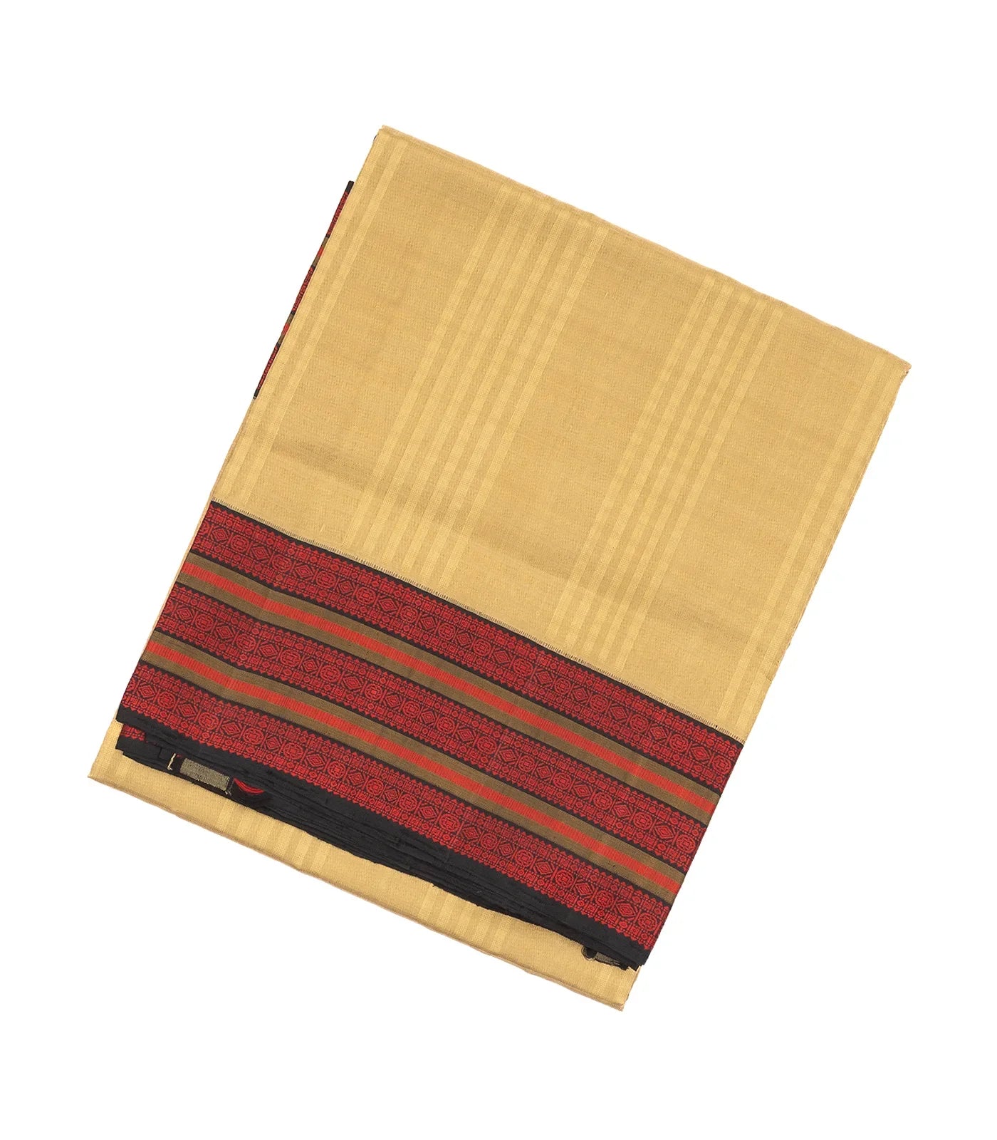 Beige Handloom Kora Silk Saree With Checks & Black Border