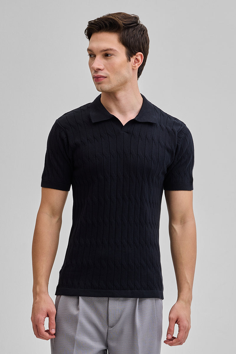 Black Knitted Polo T-Shirt