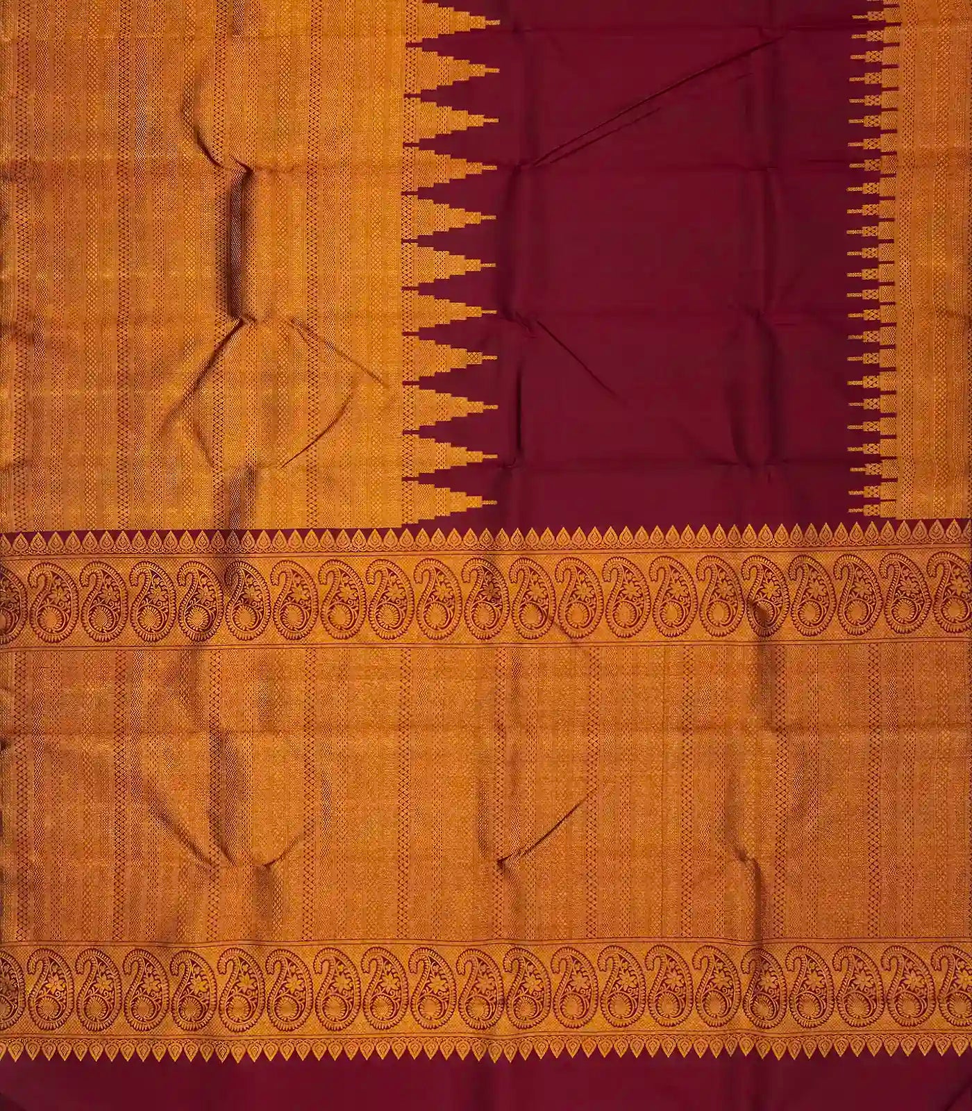 Maroon Handloom Kanchipuram Silk Saree With Temple Motif Border