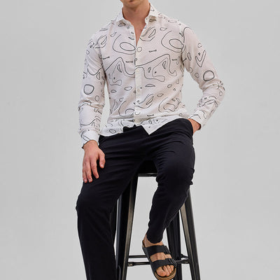 Cream Abstract Slim Fit Shirt