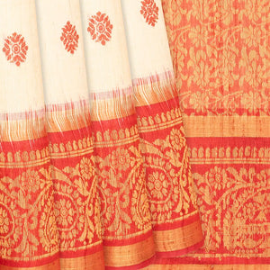 Off White Handwoven Tussar Silk Saree With Floral Motifs-Off White