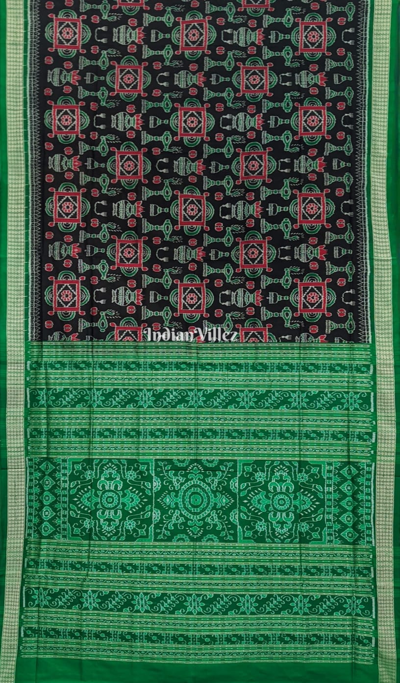 Black Green Kumbha Design With Patli Exclusive Sambalpuri Ikat Silk Saree