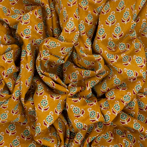 Mustard Woven Jaipur Cotton Saree With Printed Green Floral Motifs
