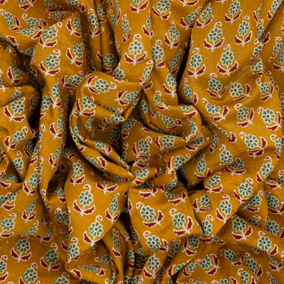 Mustard Woven Jaipur Cotton Saree With Printed Green Floral Motifs
