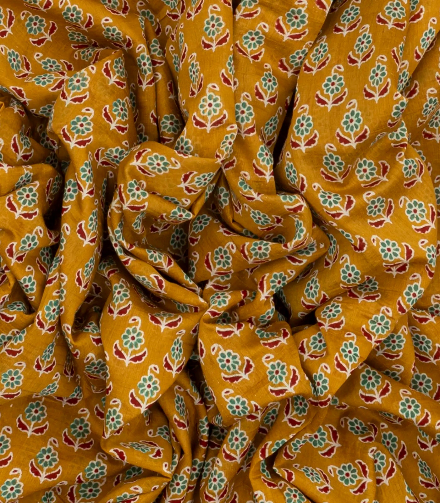 Mustard Woven Jaipur Cotton Saree With Printed Green Floral Motifs