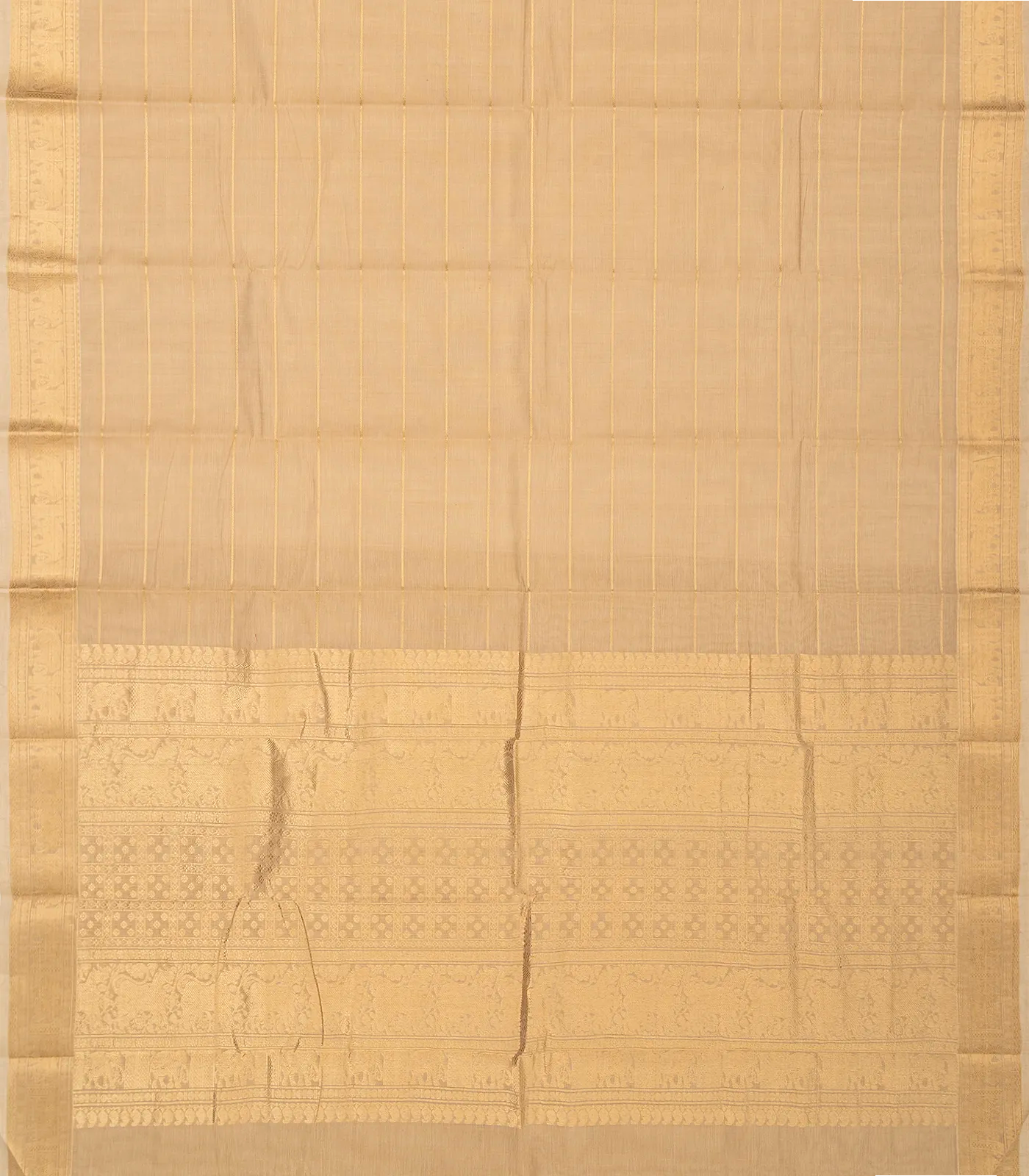 Taupe Handloom Kanchi Cotton Saree With Zari Stripes