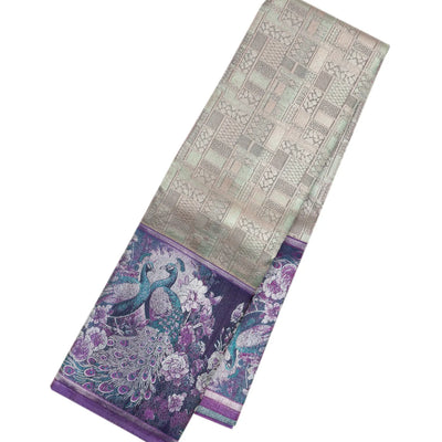 Grey Handloom Kanchipuram Silk Saree With Peacock Border