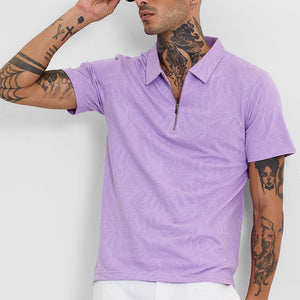 Lavender Self-Design Zipper Polo T-Shirt