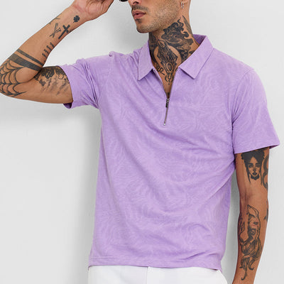 Lavender Self-Design Zipper Polo T-Shirt