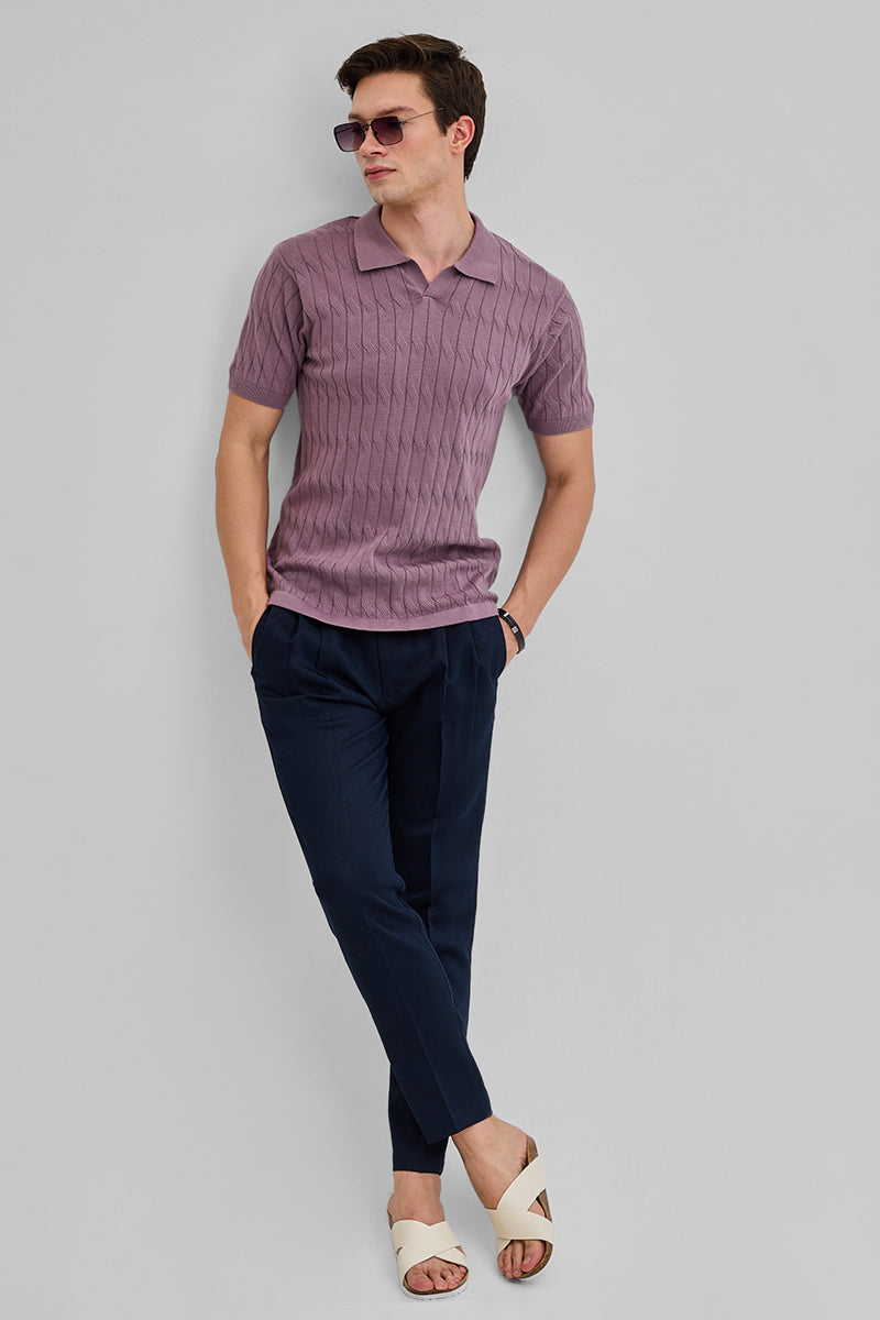 Navy Textured Relaxed Fit Trousers