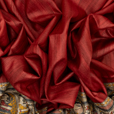 Crimson Handloom Tussar Silk Saree With Printed Wedding Motifs