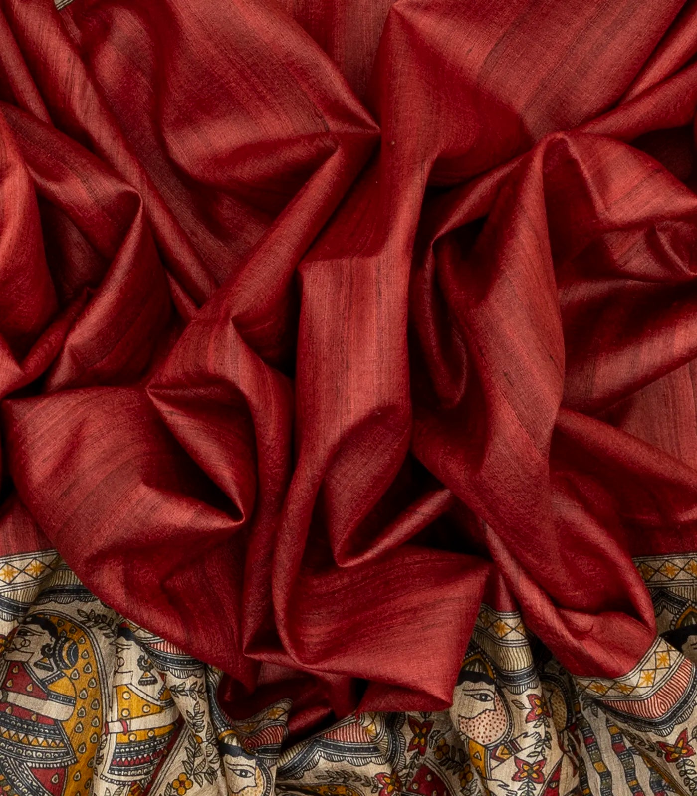 Crimson Handloom Tussar Silk Saree With Printed Wedding Motifs