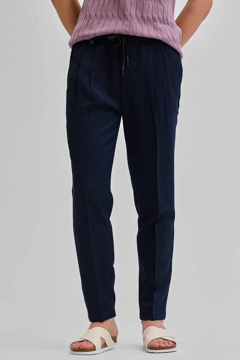 Navy Textured Relaxed Fit Trousers