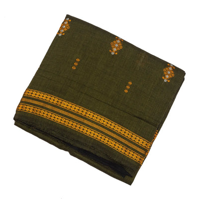 Dark Green Handwoven Orissa Cotton Saree With Floral Buttas