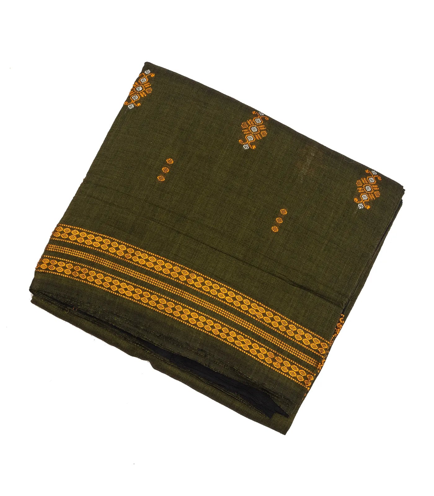 Dark Green Handwoven Orissa Cotton Saree With Floral Buttas