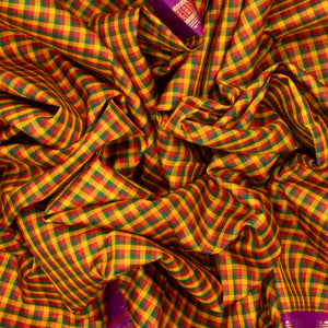 Multi Color Handloom Kanchipuram Korvai Silk Saree With Checks