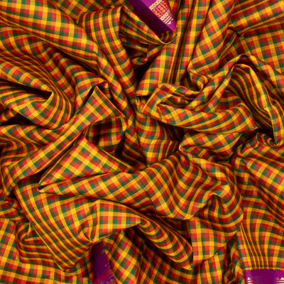Multi Color Handloom Kanchipuram Korvai Silk Saree With Checks