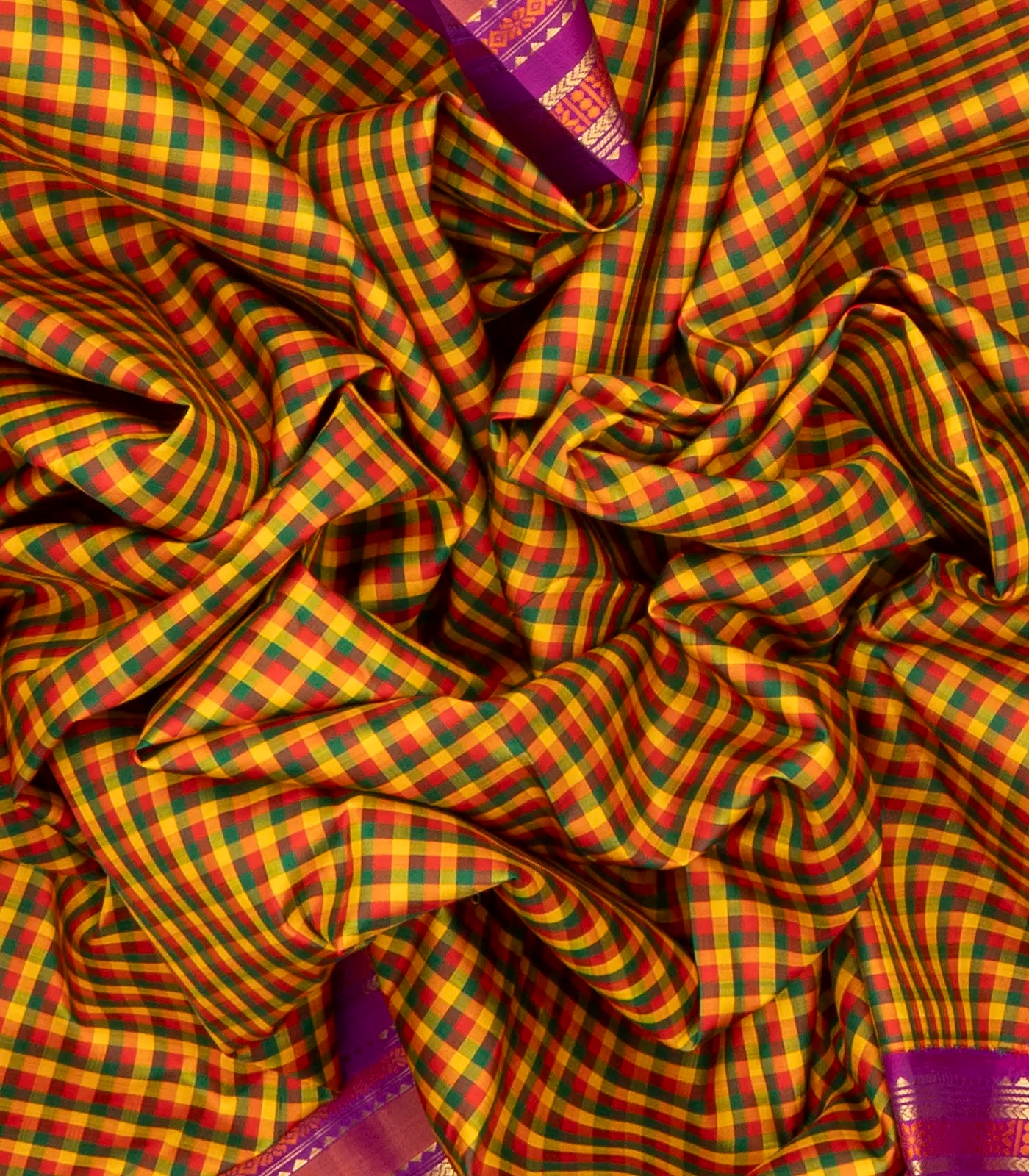 Multi Color Handloom Kanchipuram Korvai Silk Saree With Checks