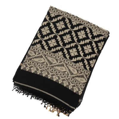 Black Handloom Bengal Cotton Saree With Mango Buttas