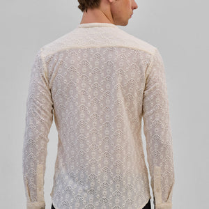 Cream Mandarin Self-Design Shirt