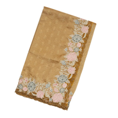 Gold Woven Crushed Tissue Saree With Floral Embroidery