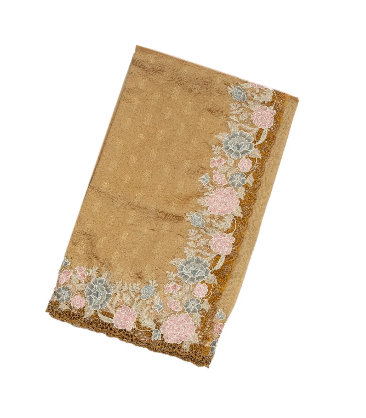 Gold Woven Crushed Tissue Saree With Floral Embroidery