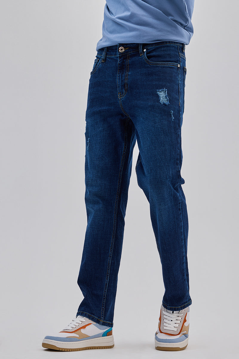 Dark Blue Distressed Regular Fit Jeans