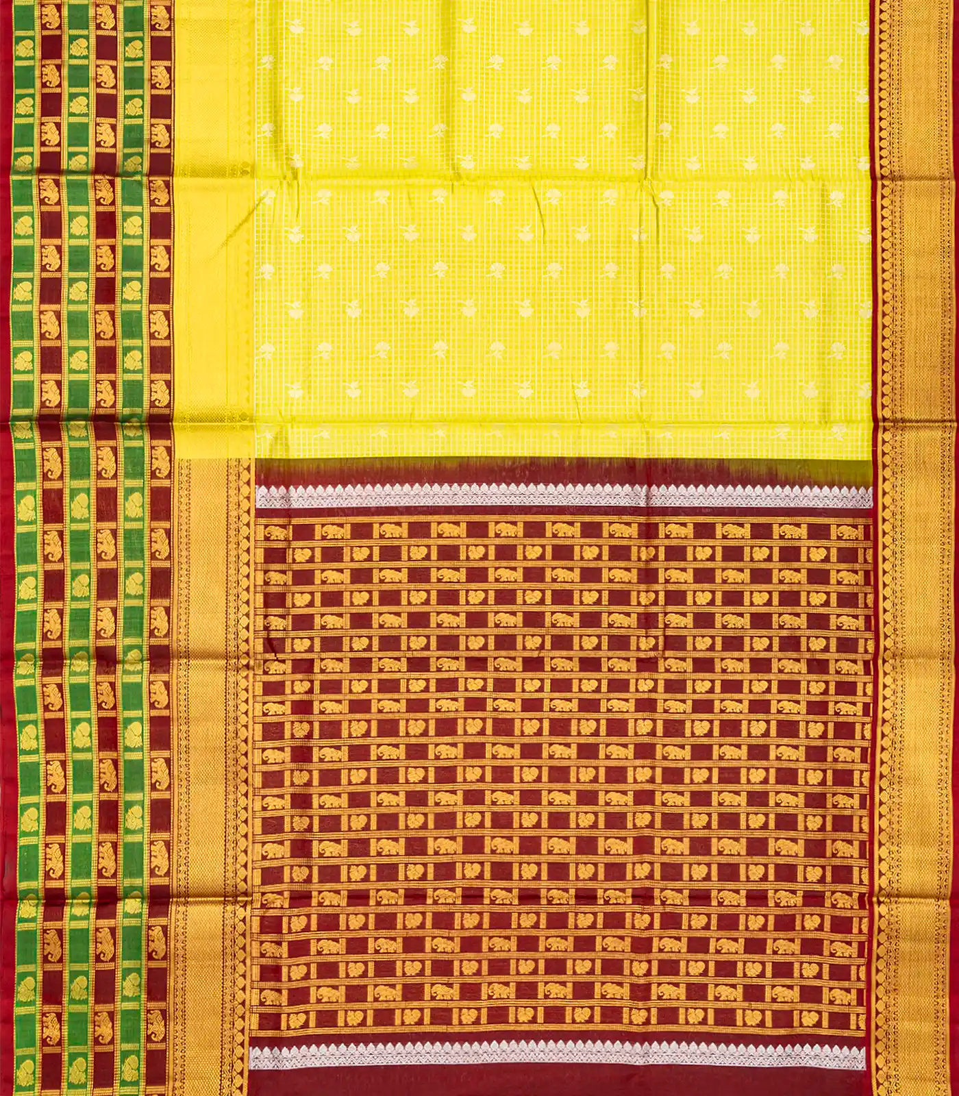 Lemon Yellow Handloom Chirala Soft Silk Saree With Checks-Lime Yellow