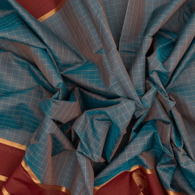 Grey Handloom Silk Cotton Saree With Checks & Maroon Border
