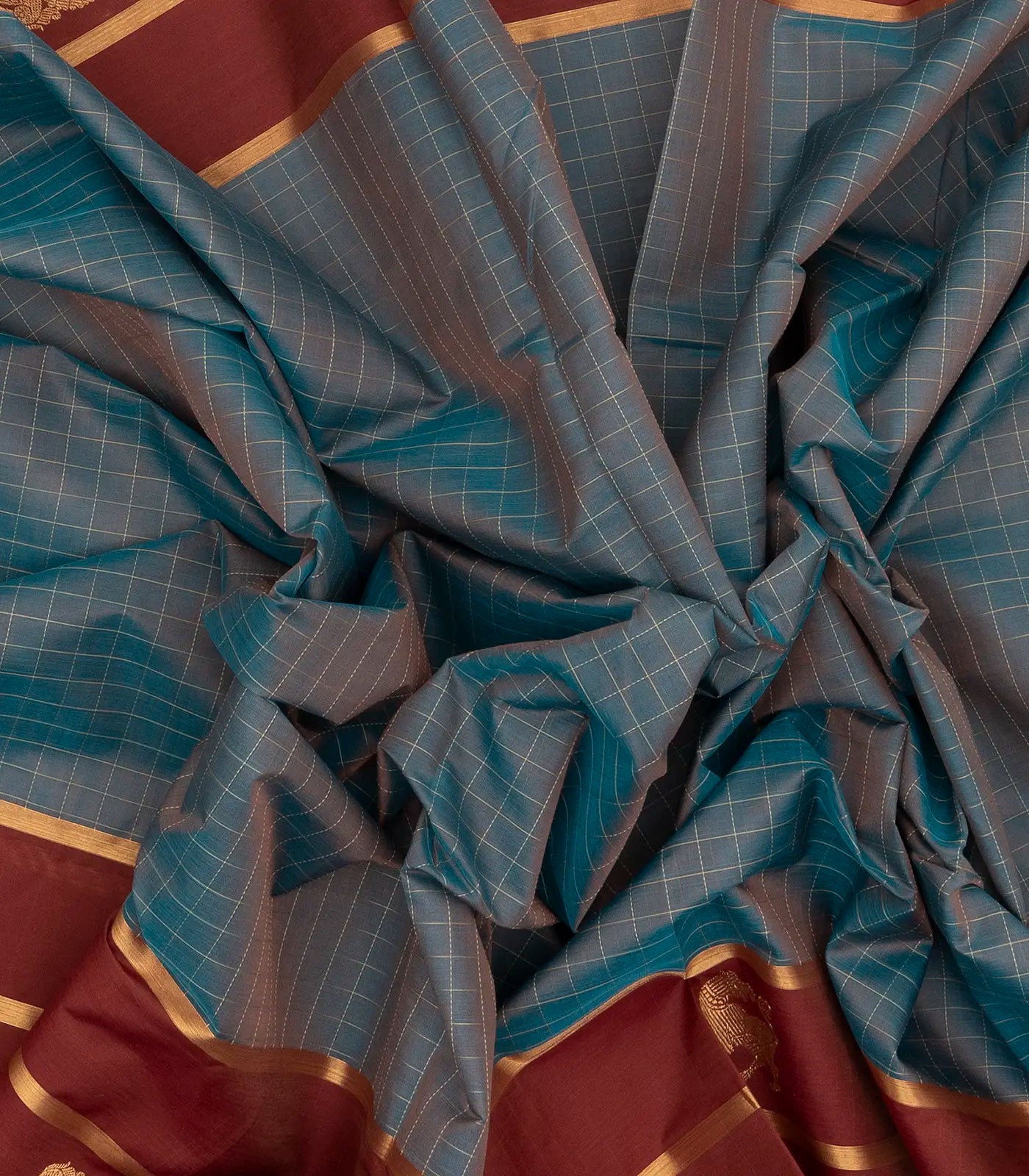Grey Handloom Silk Cotton Saree With Checks & Maroon Border