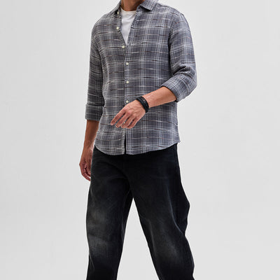 Grey Slub Textured Checks Shirt