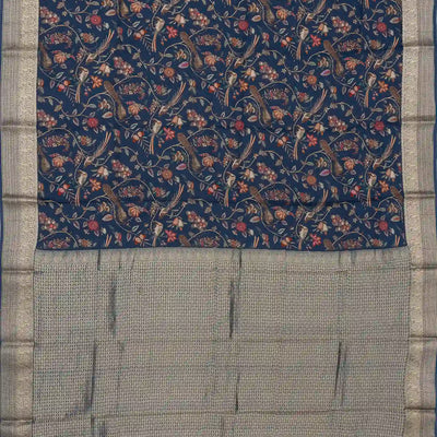 Navy Blue Printed Georgette Silk Saree With Bird Motifs
