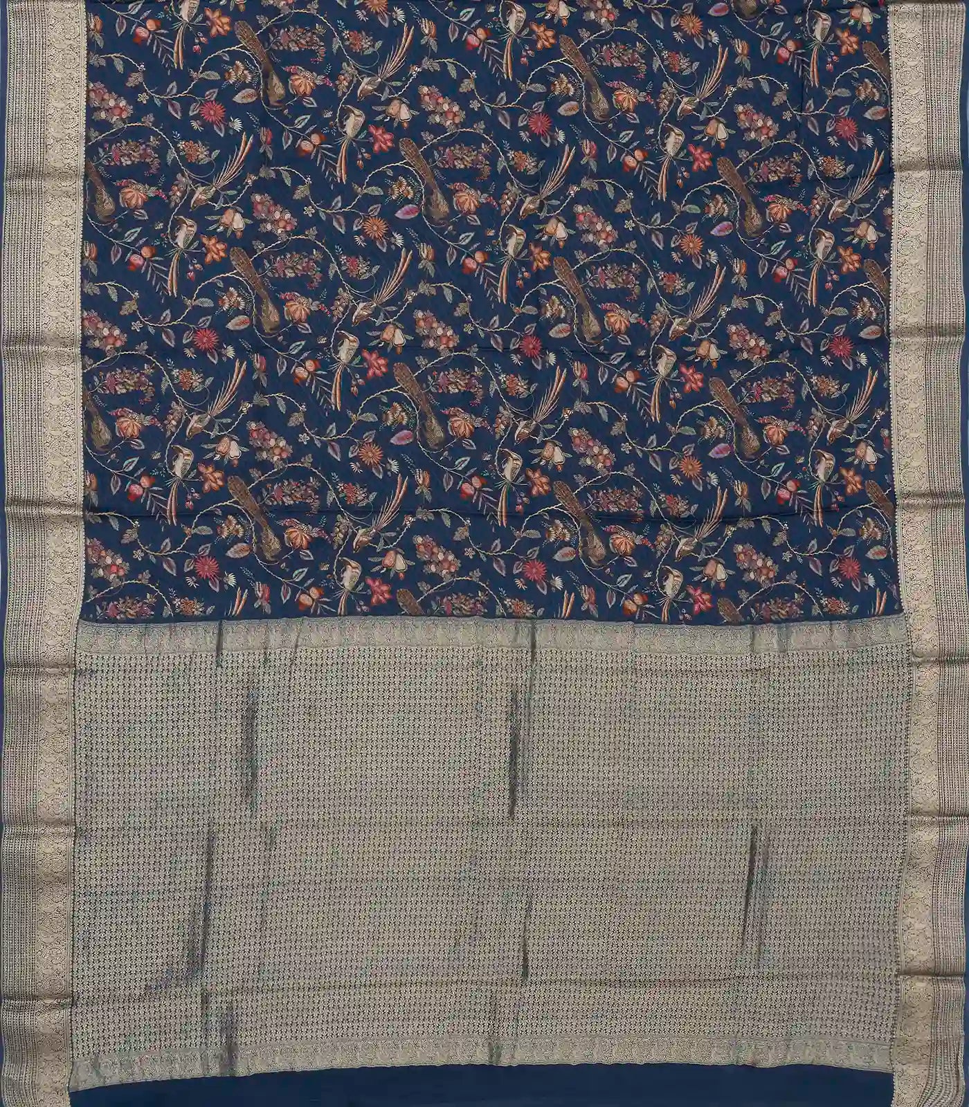 Navy Blue Printed Georgette Silk Saree With Bird Motifs