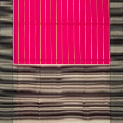 Hot Pink Handloom Kora Silk Saree With Beldari Stripes & Black Border