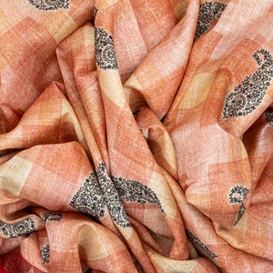 Peach Handloom Tussar Silk Saree Printed With Checks & Mango Motifs