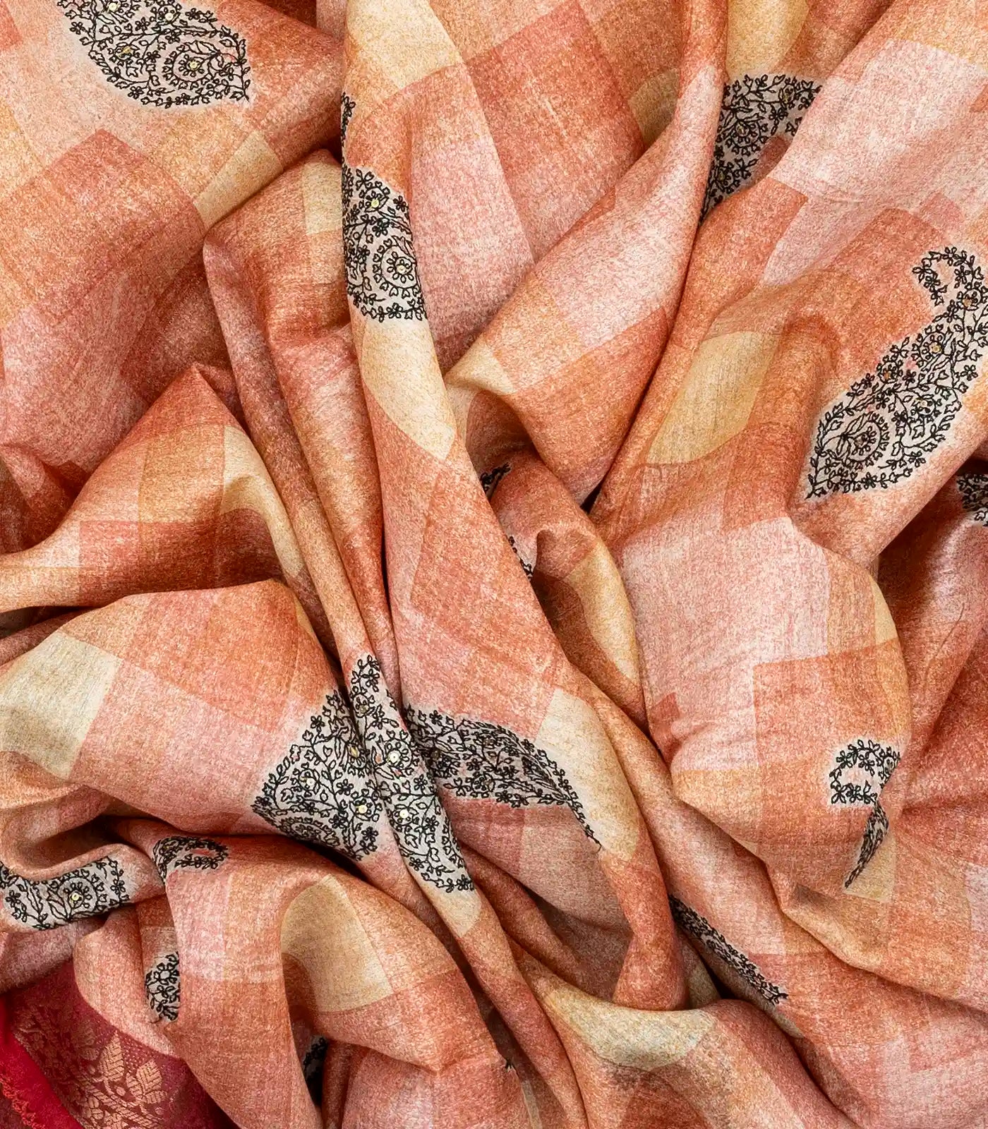 Peach Handloom Tussar Silk Saree Printed With Checks & Mango Motifs